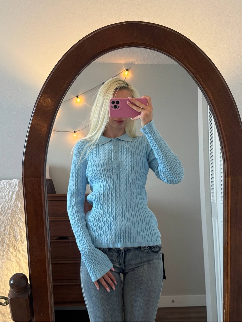Light Blue Cable Knit Collared Sweater
